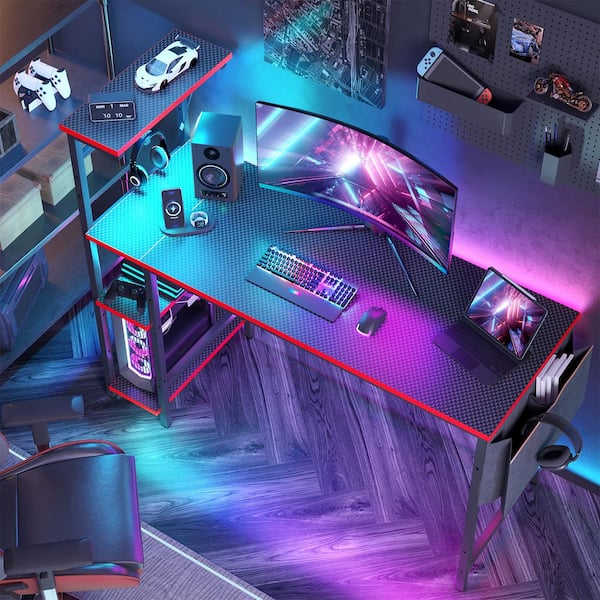 51 in. Computer Desk with LED Lights Gaming Desk, 4 Tier Shelves Black Carbon Fiber