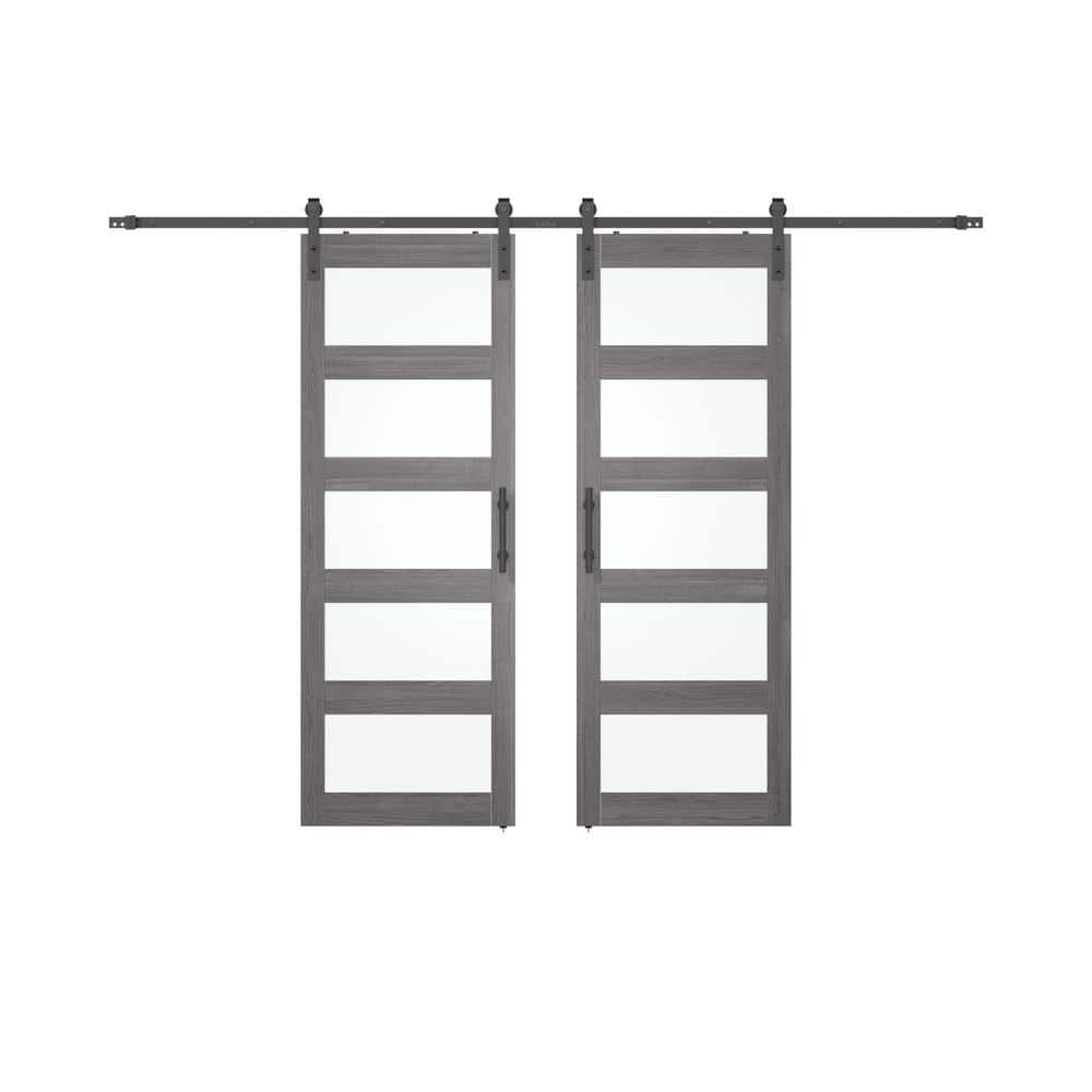 60 in. x 84 in. 5 Frosted Glass Gray PVC Surface MDF Sliding Barn Door with