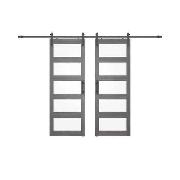 SANDING 60 in. x 84 in. 5 Frosted Glass Gray PVC Surface MDF Sliding Barn Door with Hardware Kit