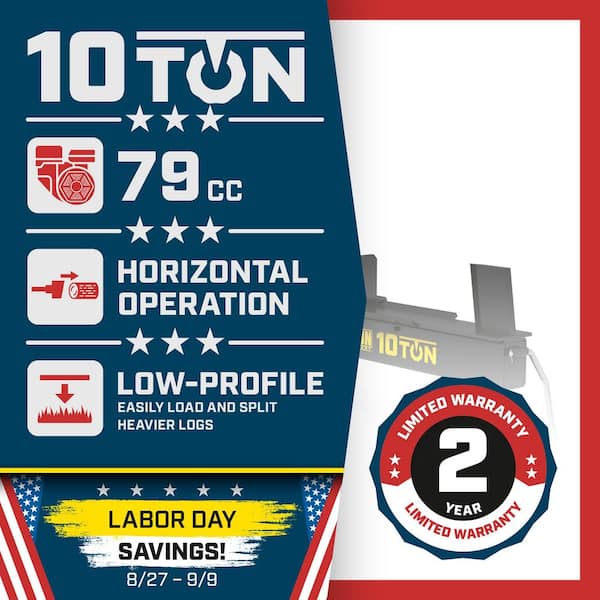 10-Ton 79 cc Compact Horizontal Gas Wood Log Splitter with Auto Return