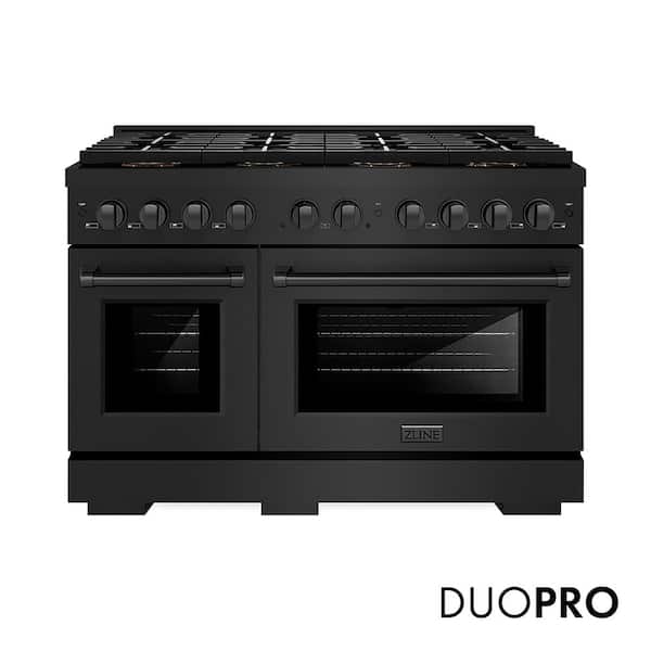48 in. 6.7 cu. ft. Paramount Dual Fuel Range with 8 Burner DuoPro Cooktop and Dual Ovens in Black Stainless Steel