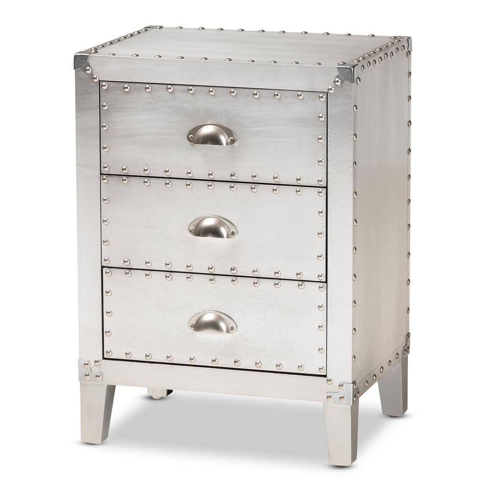 Claude Riveted Silver Metal 3-Drawer Nightstand