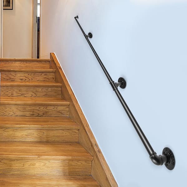 Pipe Stair Handrail 118.1 in. H x 3.74 in. W Black Carbon Steel Stair Railing Kit Staircase Handrail 440 lbs. Capacity