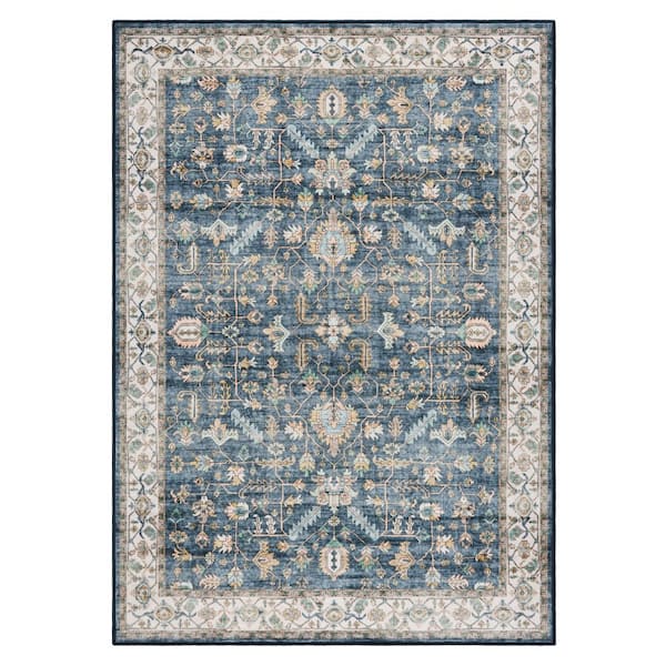 EVERWASH Haven 8 ft. x 10 ft. Blue Distressed Border Washable Area Rug