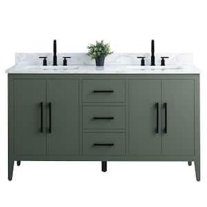 60 in. W x 22 in. D x 34 in. H Double Sink Bathroom Vanity Cabinet in Vintage Green with Engineered Marble Top in White