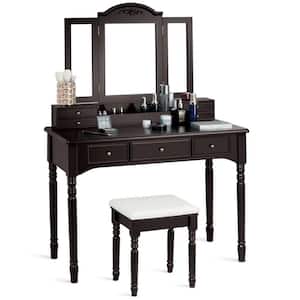 7-Drawer Coffee Makeup Dressing Table with Tri-Folding Mirror and Cushioned Stool