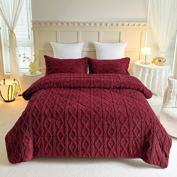 JML 3-Piece Fushia Red Fluffy Sherpa Fleece Comforter Set Tufted Bedding Comforter Set 75 in. x 83 in.
