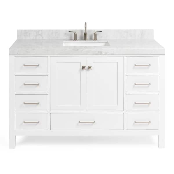 Cambridge 54 in. Single Sink Freestanding Bathroom Vanity in White with Carrara White Marble Top