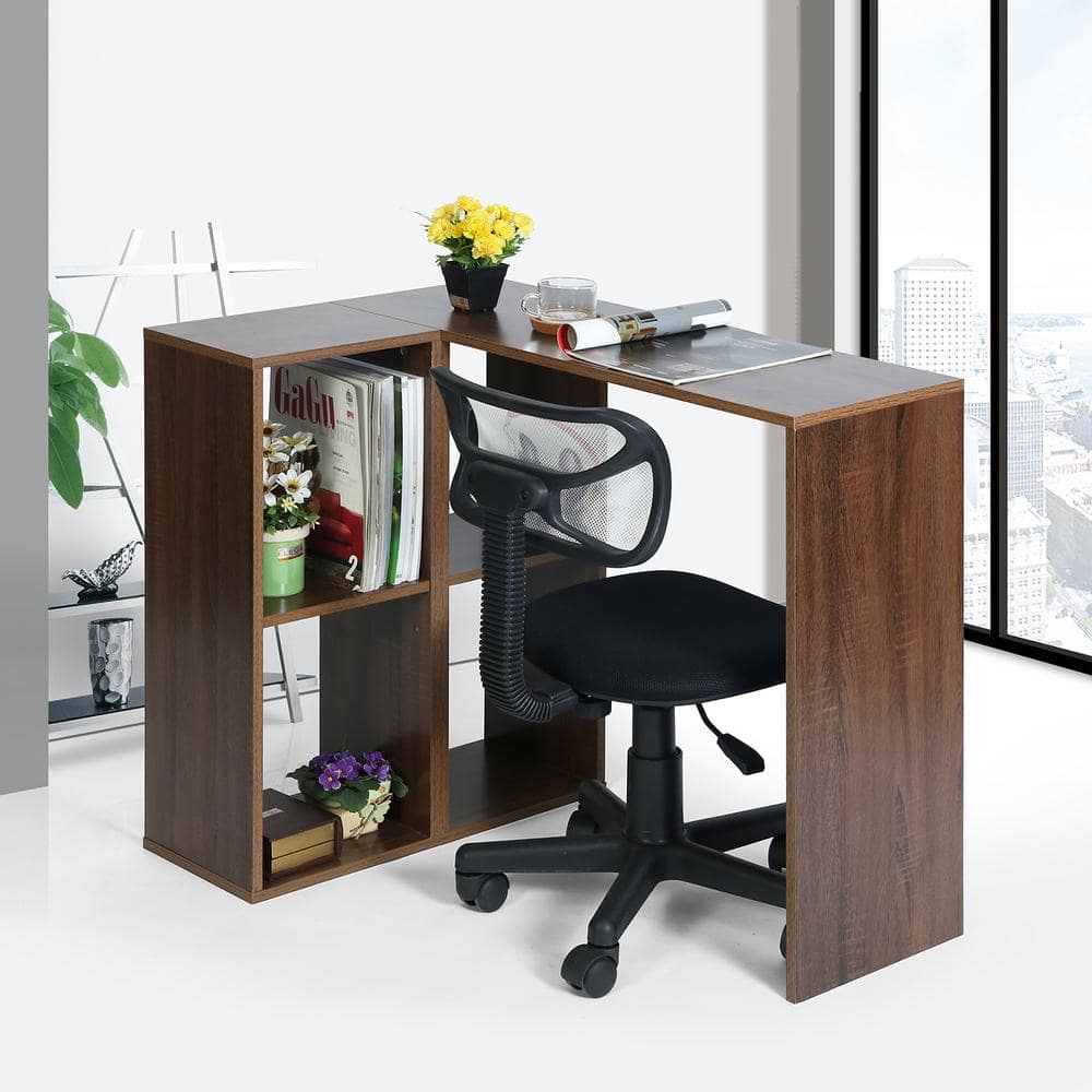 Ultic Walnut L Shaped Home Office Desk Wooden Computer Desk with Storage  Drawers & Shelf