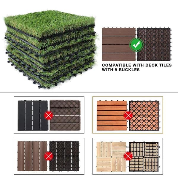 Angel Sar 1 ft. x 1 ft. Composite Green Artificial Grass Turf Interlocking Deck Tiles, Fake Grass Self-draining Mat (18-Piece)