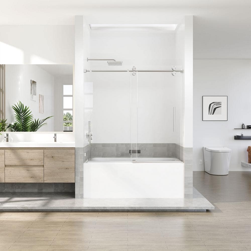 Brushed Nickel Frameless Sliding Shower Door with Clear Tempered Glass