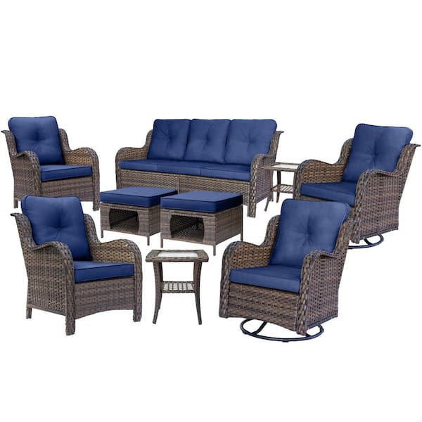 Brown 9-Piece Wicker Outdoor Furniture Set Armrchairs Sofa Swivel Chairs Ottomans and Side Table with Navy Blue Cushions