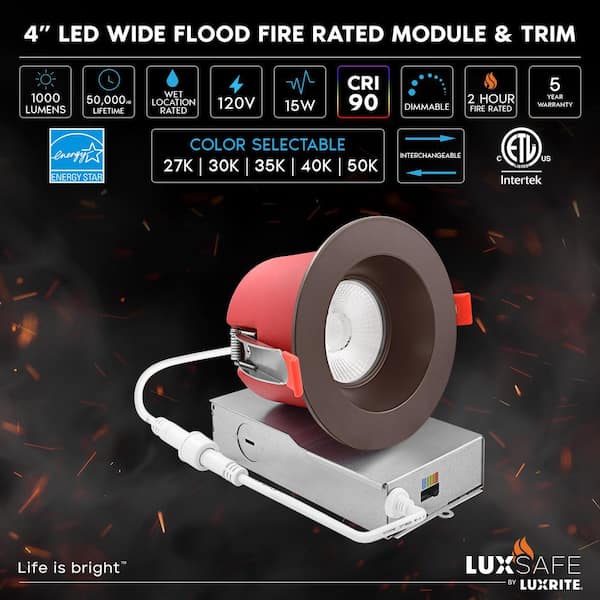 6-Pack 4 in.Integrated LED Recessed Light J-Box 5CCT 2 Hour Fire Rated 15W 1000LM 60° Dimmable IC Rated Wet Rated Bronze