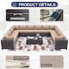 Halmuz 14-Piece Brown Wicker Outdoor Sectional Set with Glass Coffee Table and Sand Cushions, Patio Chat, PE Rattan 77-Sand