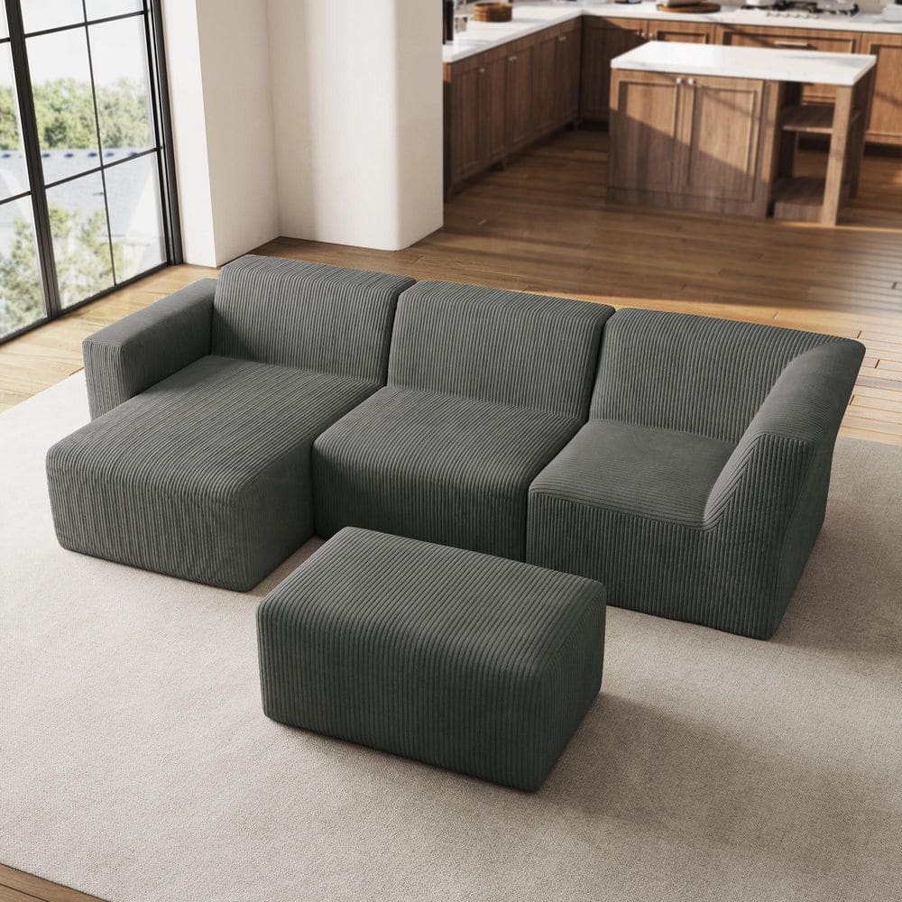 114 in. Modern Square Arm 4-piece Corduroy Modular Free Combination Sectional Sofa in. Gray with Ottoman