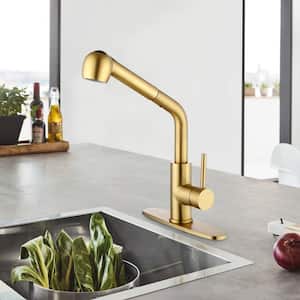 Modern Single Handle Single Hole Stainless Steel Bathroom Faucet with Pull Out Sprayer in Brushed Gold