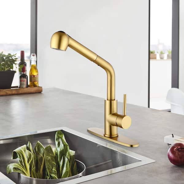 UPIKER Modern Single Handle Single Hole Stainless Steel Bathroom Faucet with Pull Out Sprayer in Brushed Gold