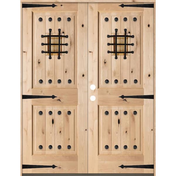 64 in. x 80 in. Mediterranean Knotty Alder Square Top Unfinished Right-Hand Inswing Wood Double Prehung Front Door