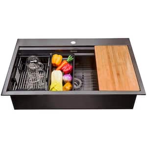 Matte Black Finish Stainless Steel 33 in. x 22 in. Single Bowl Drop-in Kitchen Sink with Workstation and Accessories