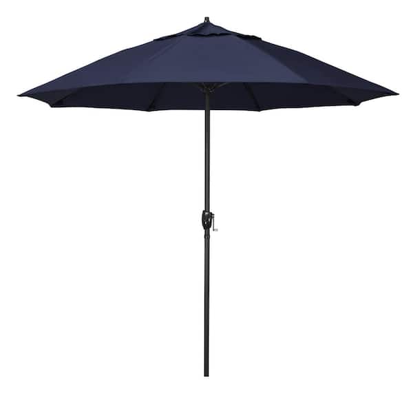 California Umbrella 9 ft. Bronze Aluminum Market Patio Umbrella with Fiberglass Ribs and Auto Tilt in Navy Sunbrella