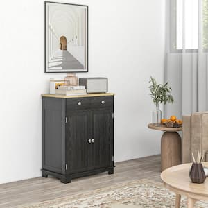 Distressed Black Rubberwood 26.75 in. Sideboard with Adjustable Shelves and 2-Drawers