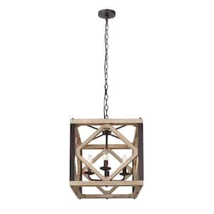 4-Light Rustic Wood Farmhouse Chandelier with Distressed Wood and Aged Iron