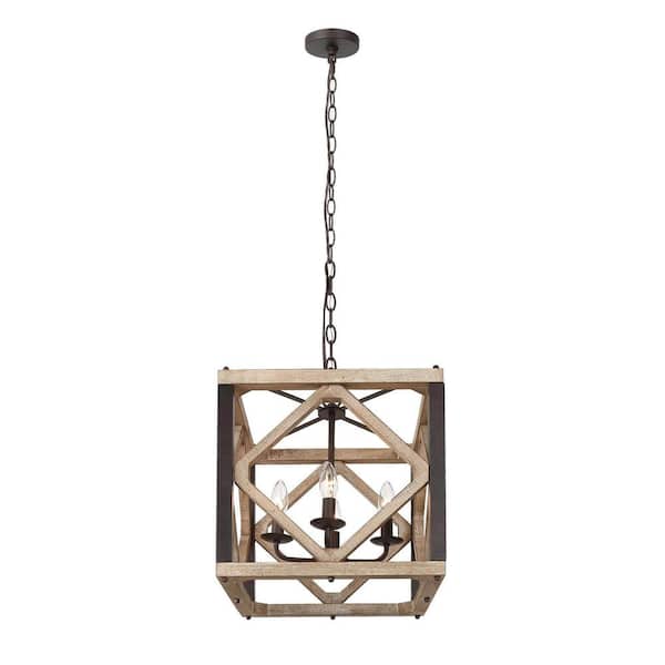 LOUGHEED DECOR INC 4-Light Rustic Wood Farmhouse Chandelier with Distressed Wood and Aged Iron