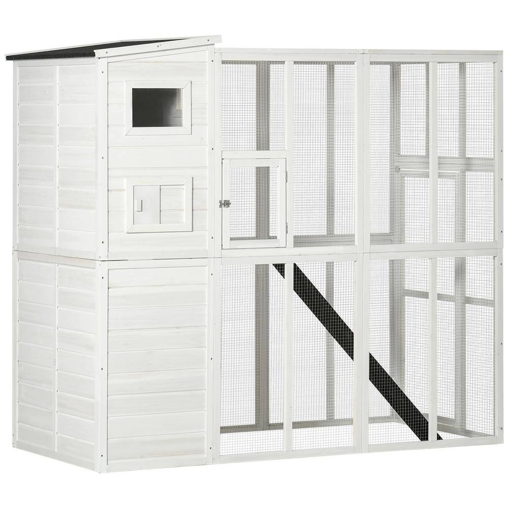 PawHut 77 in. L Large Wooden Outdoor Cat House with Large Run, Asphalt
