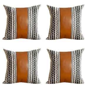 Brown Boho Handcrafted Vegan Faux Leather Square Abstract Geometric 17 in. x 17 in. Throw Pillow Cover (Set of 4)