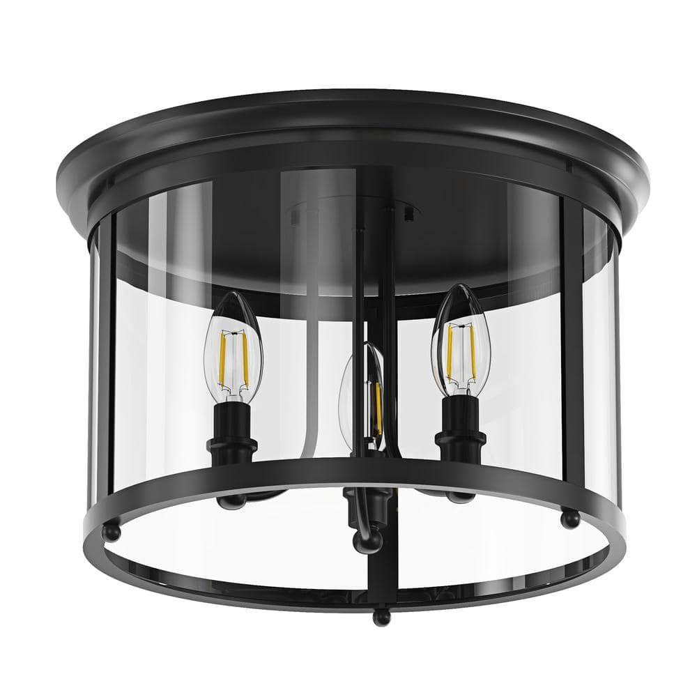 aiwen 14.37 in. 3Light Industrial Black Flush Mount Modern Ceiling Lighting Fixture with Clear