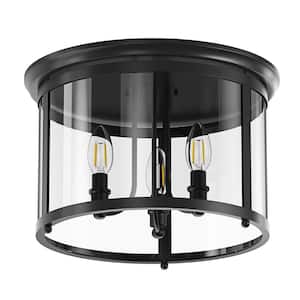 14.37 in. 3-Light Industrial Black Flush Mount Modern Ceiling Lighting Fixture with Clear Glass Shade