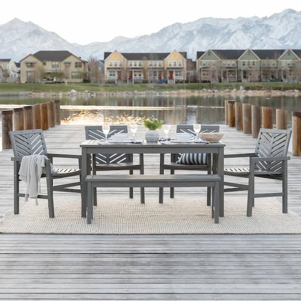 Walker Edison Furniture Company Chevron Grey Wash 6 Piece Wood Outdoor Patio Dining Set Hd8076 6 Piece Wood Outdoor Patio Dining Set, Gray Patio Dining Sets For 6