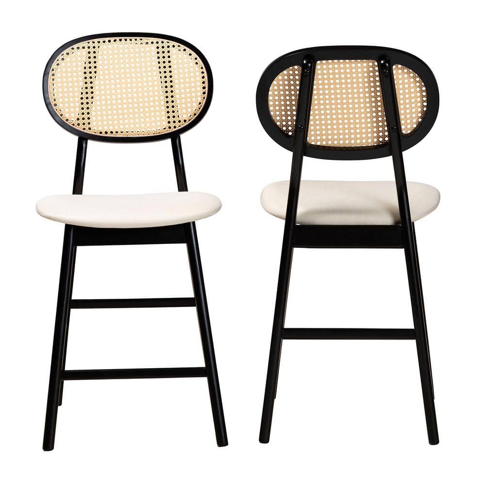 Cream and Black Woven Wood Counter Stools, Set of 2