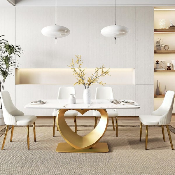 Magic Home 70.8 in. Ink Rectangle Round Edge Sintered Stone Top Pedestal Pandora Gold Metal Base Dining Table (Seats-8)