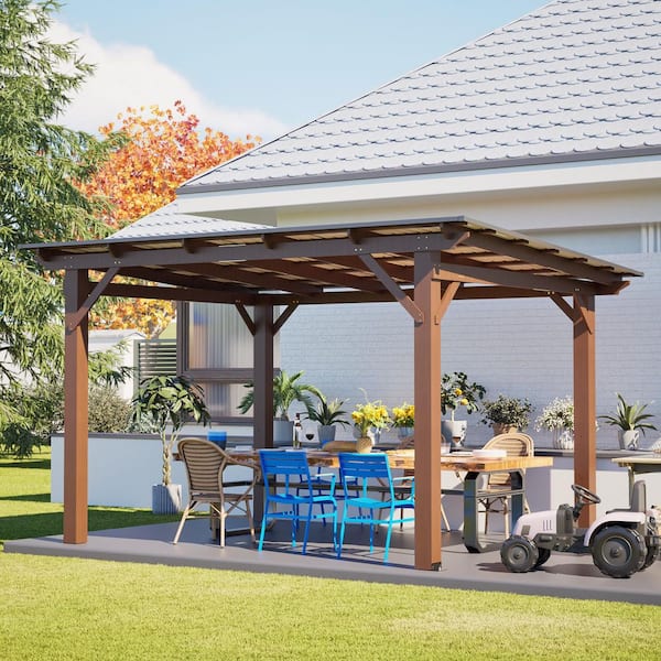 13 ft. x 10 ft. Brown Wood Gazebo with Metal Roof, Spacious Outdoor Patio Shade Structure for Backyard and Garden