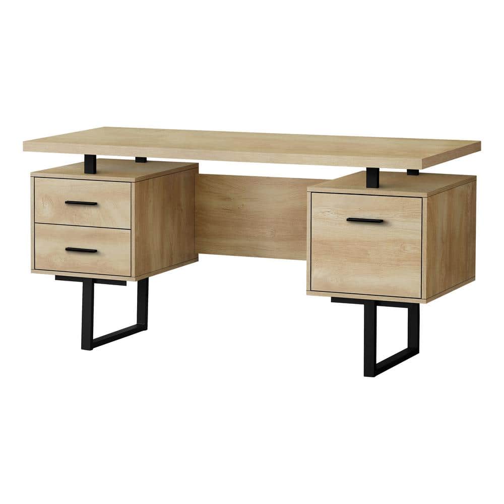 60 in. L Natural Wood-Look Black Computer Desk 3-Storage Drawers Reversible