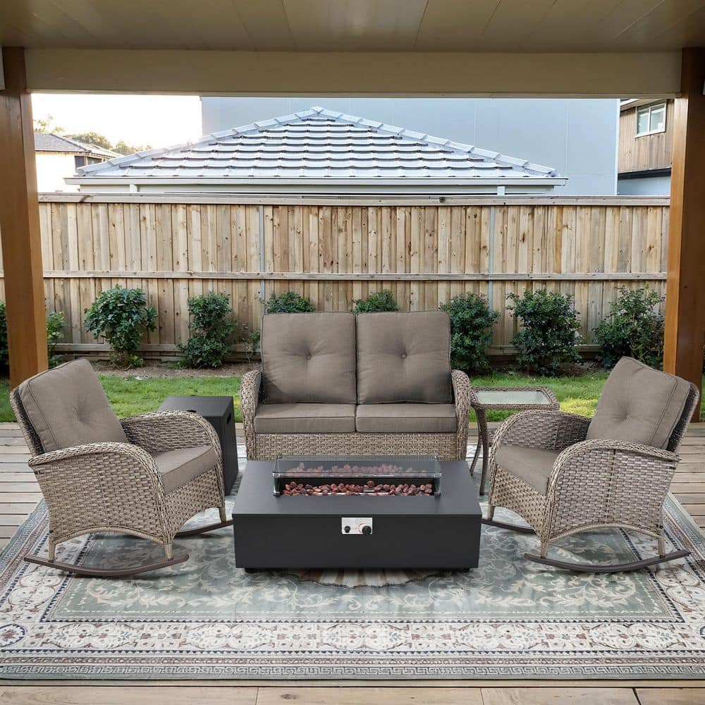Gray 5-Piece Wicker Patio Fire Pit Set, Loveseat Glider Seating Set with Olefin Gray Cushions and Rocking chairs price history on PriceWatchPro