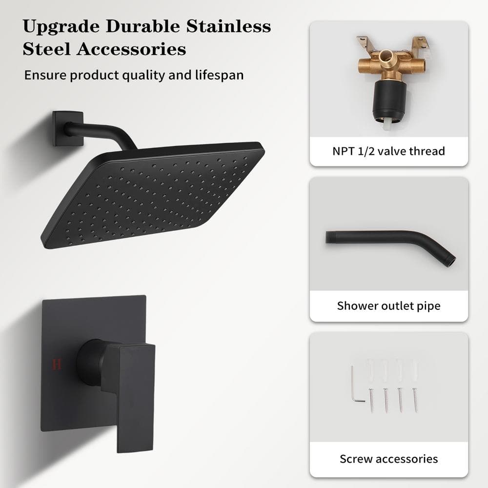 Matte Black Square Rainfall Shower Faucet Set with Valve