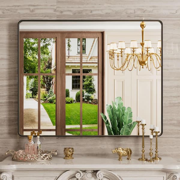 Spigel 40 in. W x 32 in. H Oversize Rectangular Black Wall Mirror Aluminum Alloy Framed Bathroom Mirror