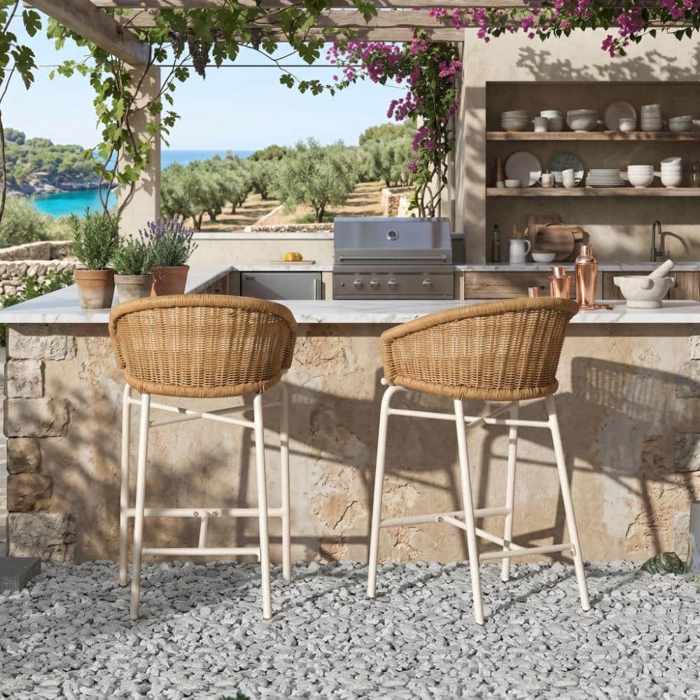 28 Inch Wheat Beige Outdoor Bar Stools 2 Pack with Textured Wicker Backrest and Cushion for Patio and Poolside price history on PriceWatchPro