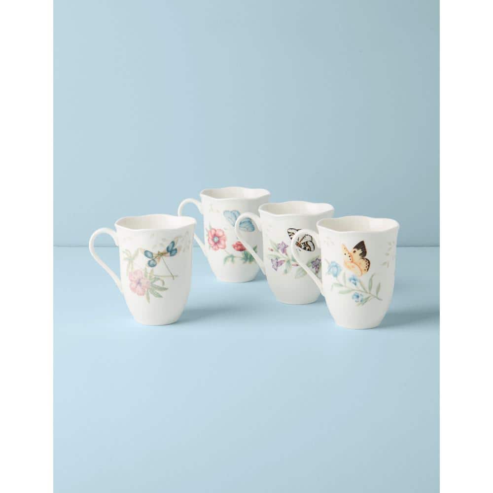 White Ceramic Butterfly Floral Spring Mug Set, 4-Piece