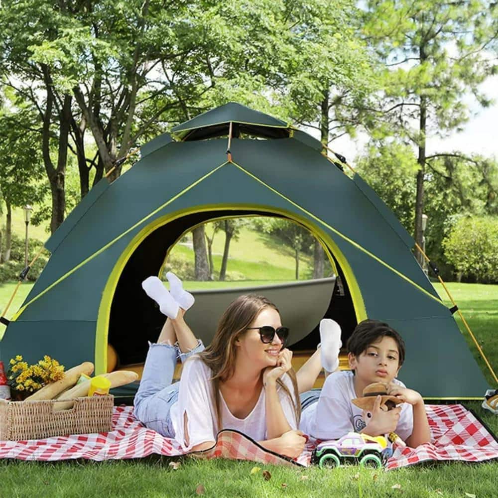 Green 4-Person Camping Tent with 2 Doors