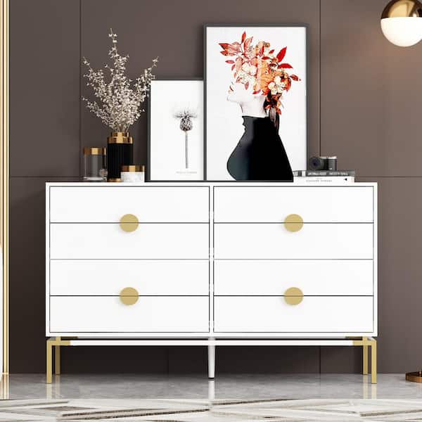 FUFU&GAGA White 8-Drawer 55.1 in. W Chest of Drawers, Dresser, Storage Cabinet with Golden Metal Legs