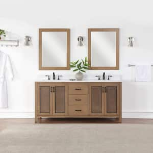 Hadiya 72 in. W x 22 in. D x 34 in. H Double Sink Bath Vanity in Brown Pine with White Composite Stone Top and Mirror