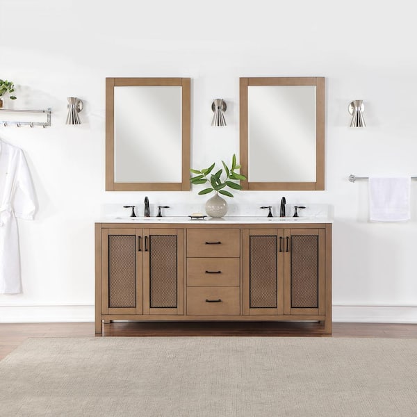 Altair Hadiya 72 in. W x 22 in. D x 34 in. H Double Sink Bath Vanity in Brown Pine with White Composite Stone Top and Mirror