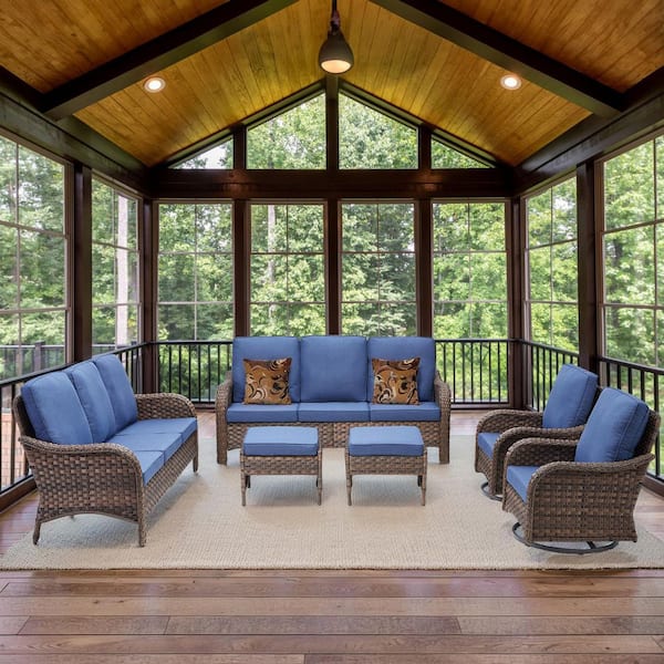 Buenaola Nyajiah Brown 6-Piece Wicker Outdoor Sofa Couch Patio Conversation Set with Blue Cushions