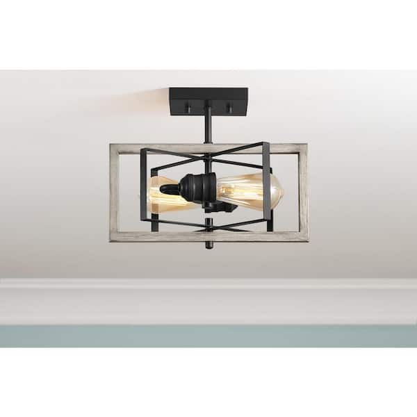 Home Decorators Collection Palermo Grove 2-Light Graphite Semi-Flush Mount, Farmhouse Ceiling Light with Bleached Oak Accents