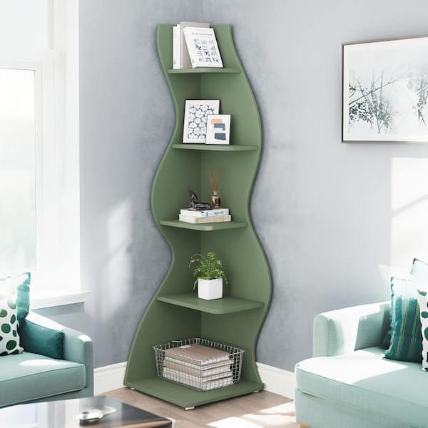 Modern 70 in. Tall Green Wood 5-Shelf Corner Bookcase with Ample Storage and Space-Saving Design for Living room, Office