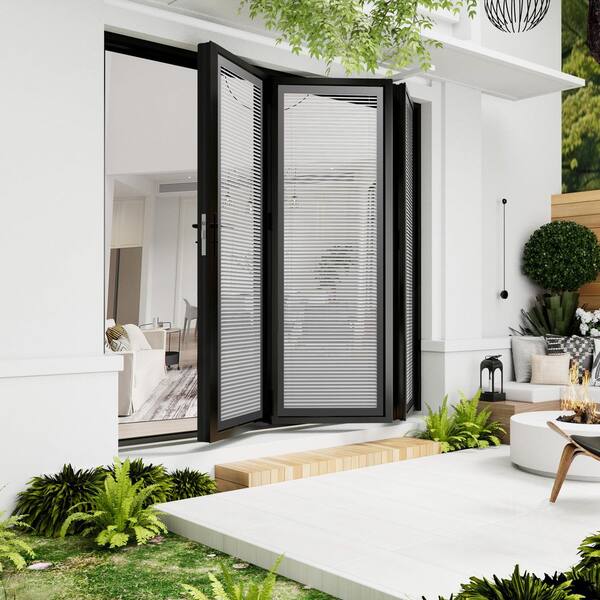 108 in. x 96 in. Right Swing/Outswing Double Tempered Glass Black Louver Aluminum Folding Patio Door