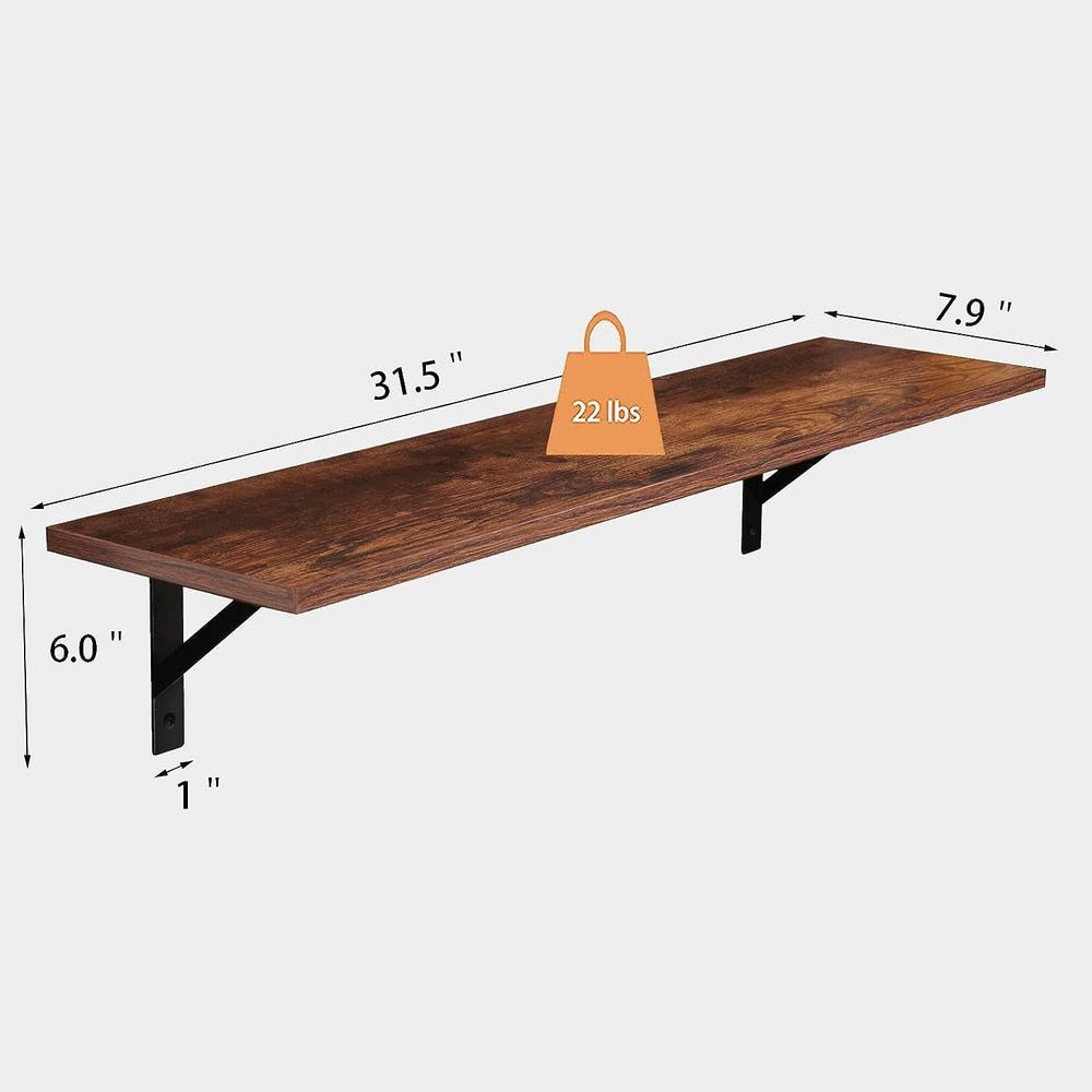 Rustic Brown Wood Floating Wall Shelves with Metal Brackets, 31.5 Inch